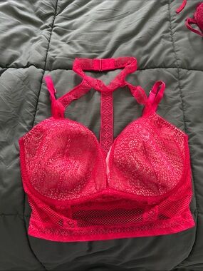 Victoria's Secret Bright Pink Red Longline Bra with neck lace detail